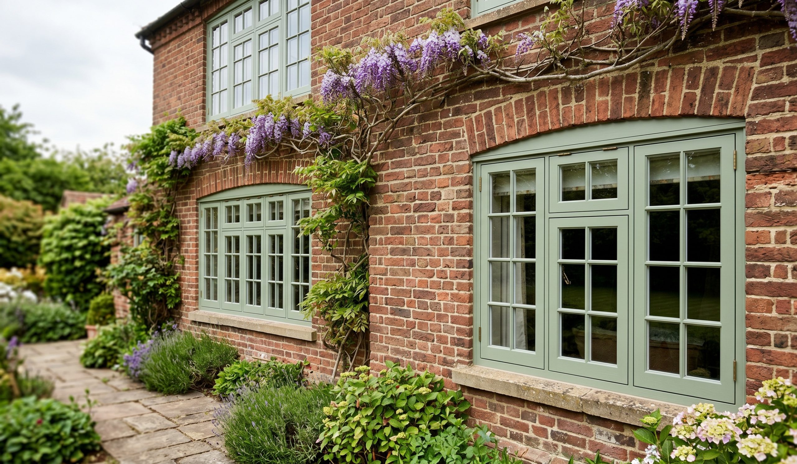 Heritage green timber windows on a brick property